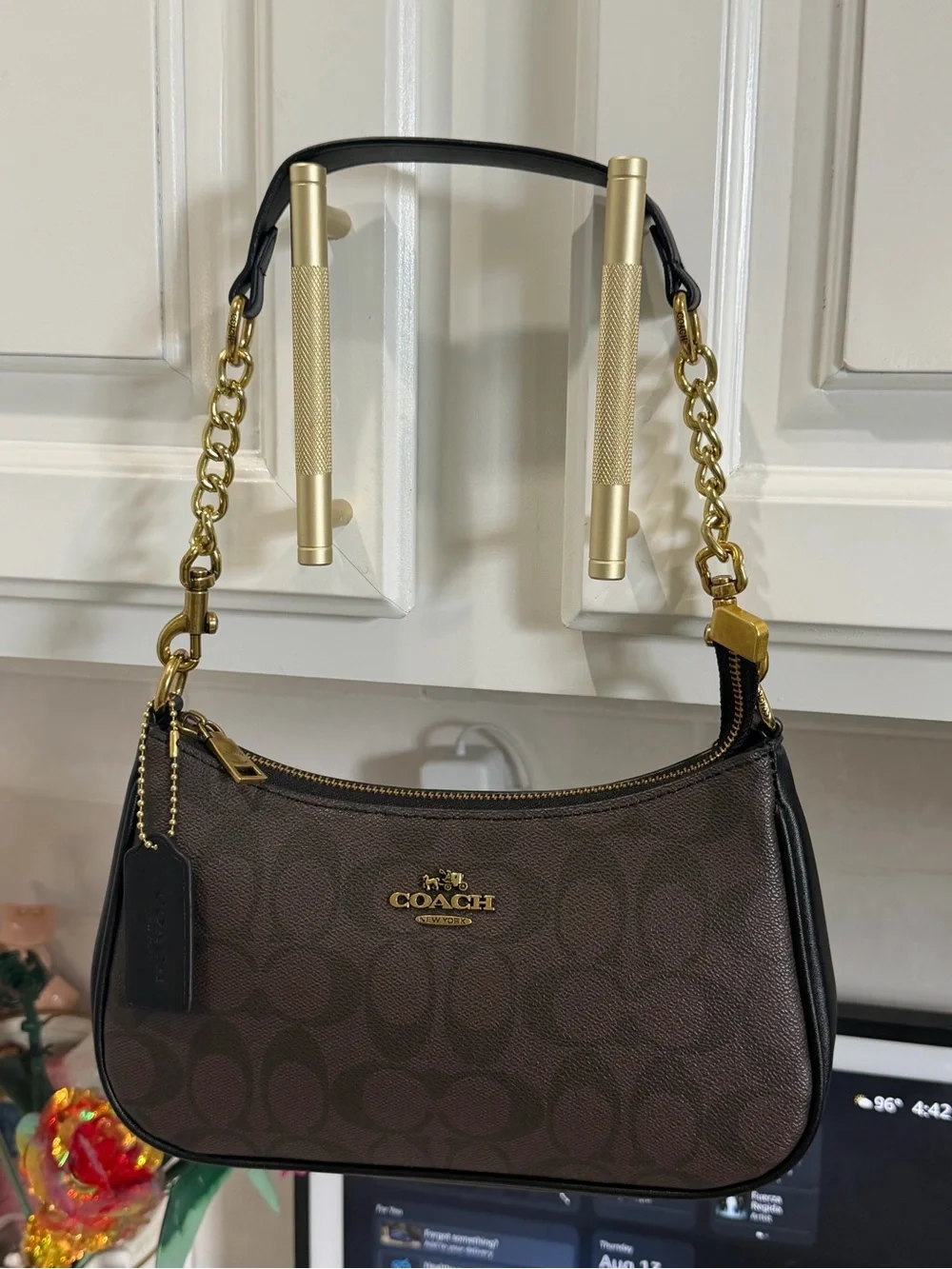 Coach Brown Signature Canvas Shoulder Bag with Gold-Tone Chain Strap